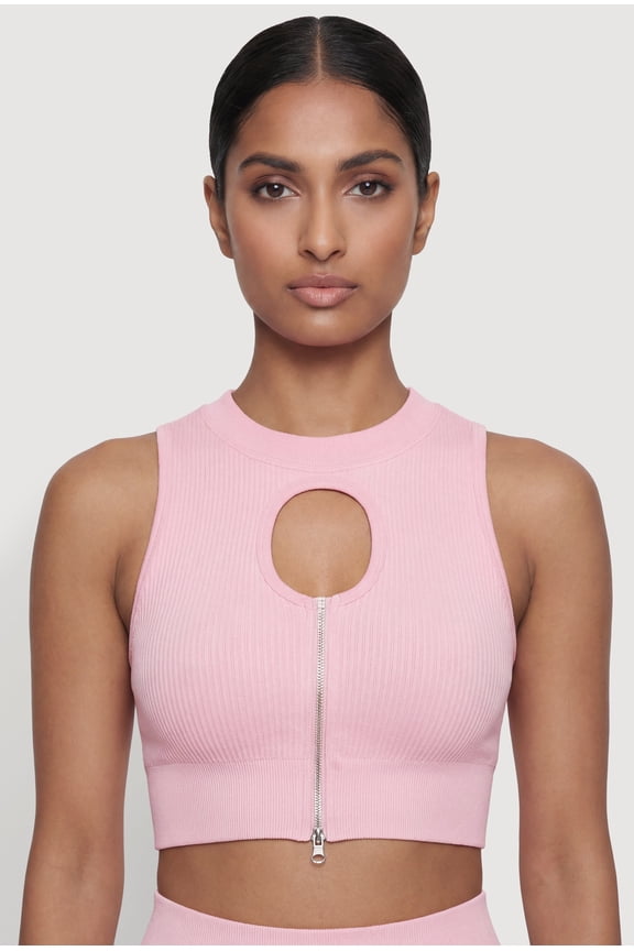Women's Compression Rib Zip Front Cutout Detail Crop Top
