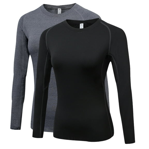 Women's Compression Shirts Long Sleeve Yoga Baselayer Athletic Running T Shirt Black-Grey,XXL