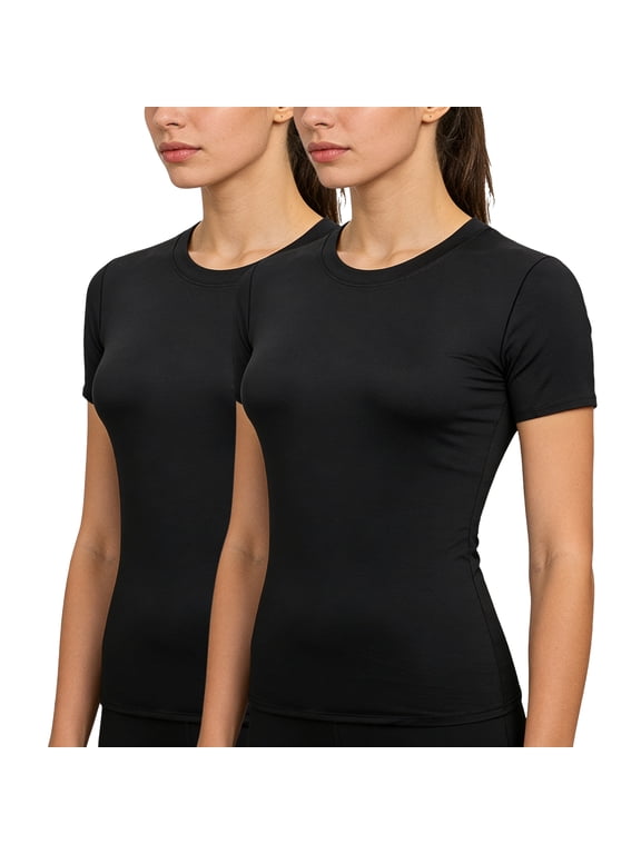 Women's Compression Workout Shirts, Short Sleeve Athletic Yoga Tops for Running & Gym 2-Pack(Black,S)