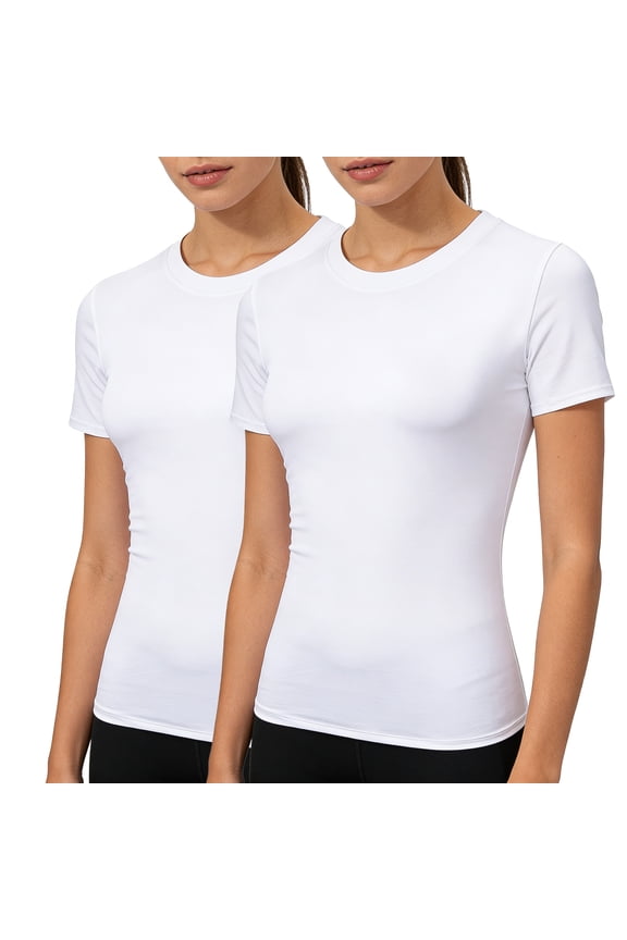 Short Sleeve Athletic Yoga Compression Shirts, Women's 2-Pack (White, L/XL) 2-Pack