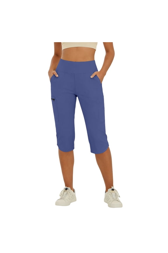 Women's Compression Yoga Capris with Pockets Elastic High Waist Casual Sports Cropped Pants,Blue_M