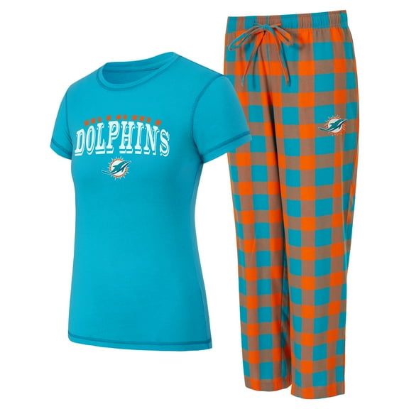 Women's-Concepts Sport  Aqua/Orange Miami Dolphins Avondale T-Shirt & Pants Flannel PJ Set