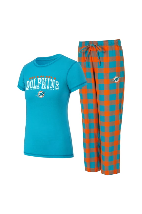 Women's-Concepts Sport Aqua/Orange Miami Dolphins Avondale T-Shirt & Pants Flannel PJ Set