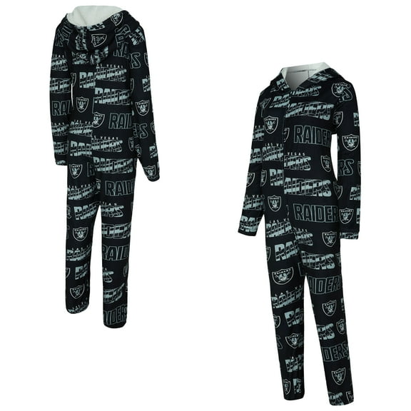 Women's Concepts Sport  Black Las Vegas Raiders Roadway Allover Print Microfleece Full-Zip Union Suit