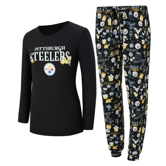 Women's Concepts Sport Black Pittsburgh Steelers Chesnut Long Sleeve T-Shirt and Pant Sleep Set