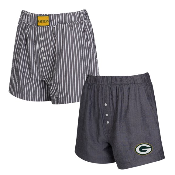 Women's Concepts Sport Charcoal Green Bay Packers Two-Pack Stripes and Solids Boxer Shorts Set