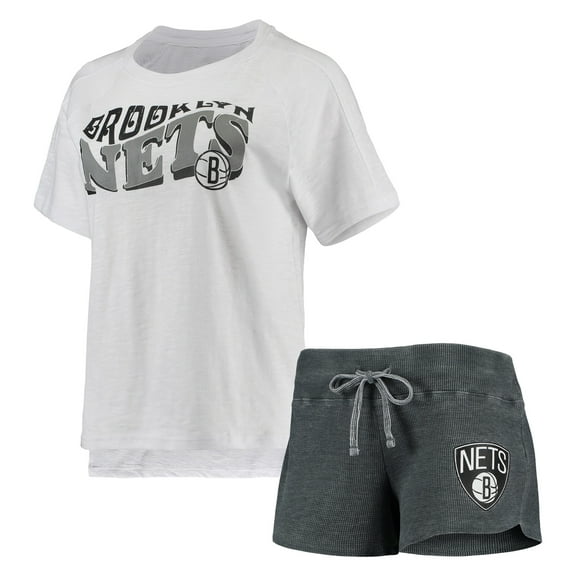 Women's Concepts Sport Charcoal/White Brooklyn Nets Resurgence Slub Burnout Raglan Top & Shorts Sleep Set