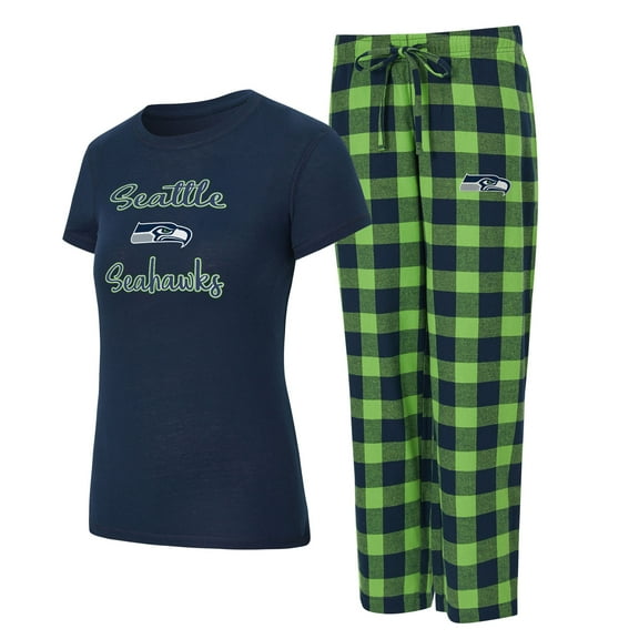 Women's Concepts Sport College Navy/Neon Green Seattle Seahawks Plus Avondale T-Shirt & Pants Flannel PJ Set
