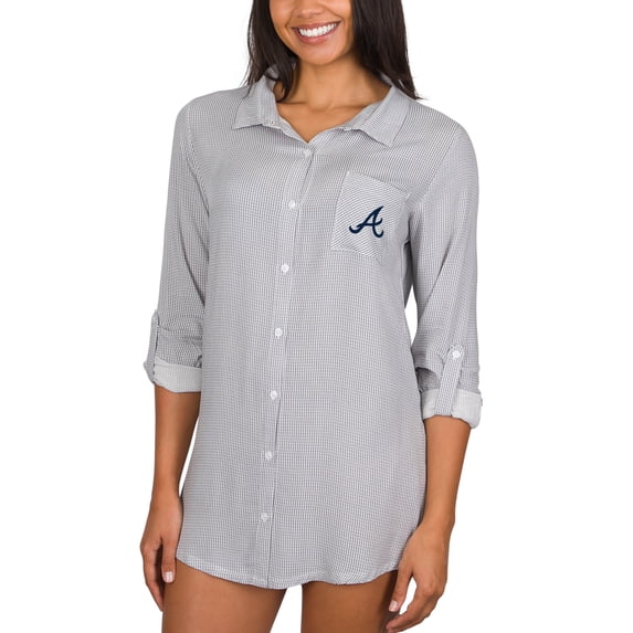 Women's Concepts Sport Gray Atlanta Braves Melody Woven Full-Button Long Sleeve Nightshirt
