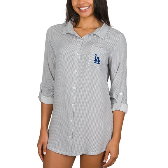 Women's Concepts Sport Gray Los Angeles Dodgers Melody Woven Full-Button Long Sleeve Nightshirt