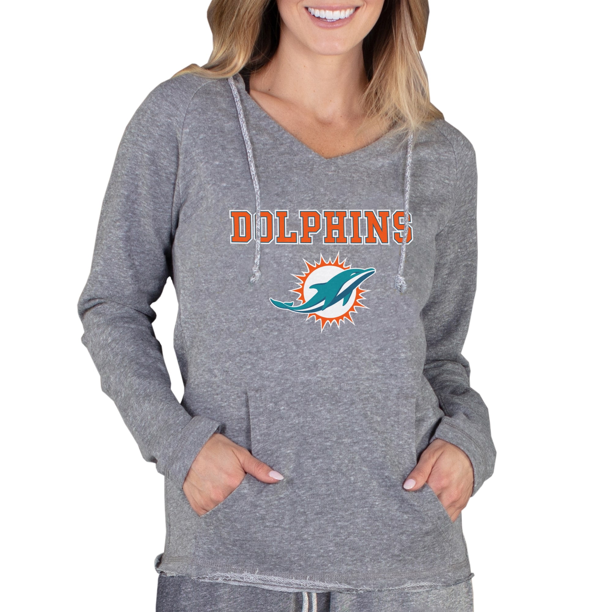 Women's Concepts Sport Gray Miami Dolphins Mainstream Hooded Long Sleeve  V-Neck Top