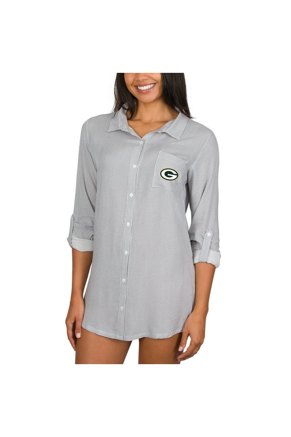 Women's Concepts Sport Gray/White Green Bay Packers Melody Woven Button-Up Long Sleeve Nightshirt