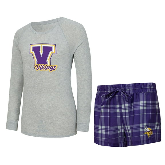 Women's Concepts Sport Heather Gray/Purple Minnesota Vikings Regulate Plaid Long-Sleeve T-Shirt & Shorts Sleep Set