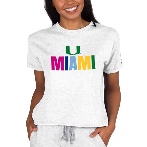 Women's Concepts Sport Oatmeal Miami Hurricanes Tri-Blend Mainstream Terry Short Sleeve Sweatshirt Top