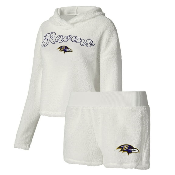 Women's Concepts Sport White Baltimore Ravens Fluffy Pullover Sweatshirt & Shorts Sleep Set