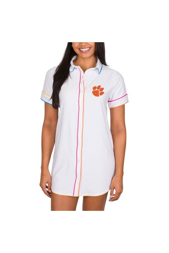 Women's Concepts Sport White Clemson Tigers Flutter Knit Button-Up Nightshirt