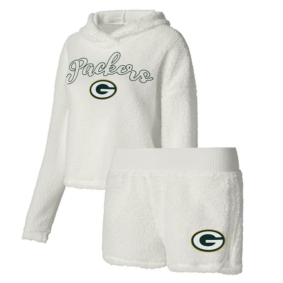 Women's Concepts Sport White Green Bay Packers Fluffy Pullover Sweatshirt & Shorts Sleep Set