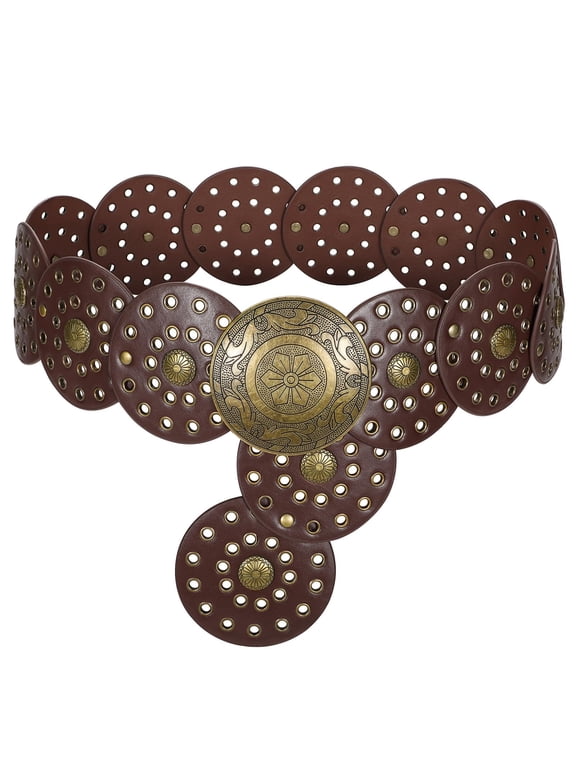 Women's Concho Disc Belt Western Cowboy Cowgirl Wide Leather Boho Country Waist Belts for Dress Jeans