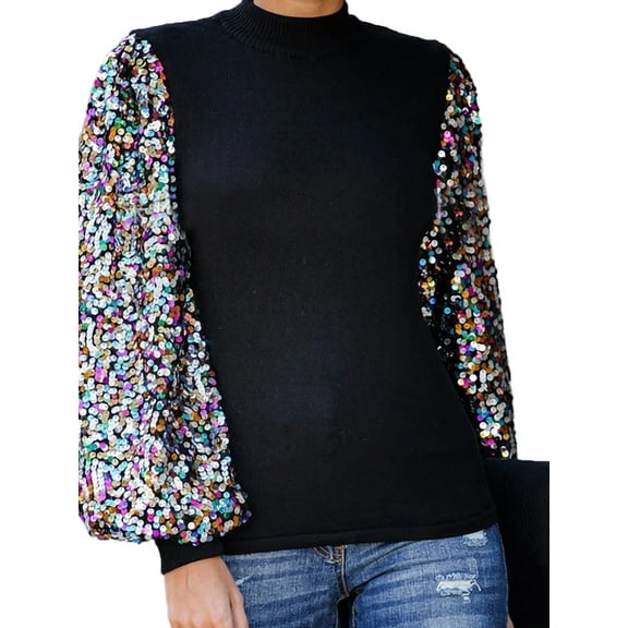 Women's Confetti Sequin Balloon Long Sleeve Mock Neck Pullover Sweater, Black, Small
