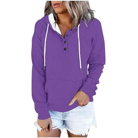 Women's Contrast Color Long Sleeve Hooded Sweatshirt Pullover Top Casual Button Front Drawstring Pocket Comfortable Winter Loose