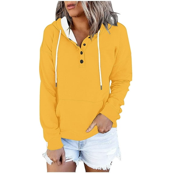 Women's Contrast Color Long Sleeve Hooded Sweatshirt Pullover Top Casual Button Front Drawstring Pocket Comfortable Winter Loose