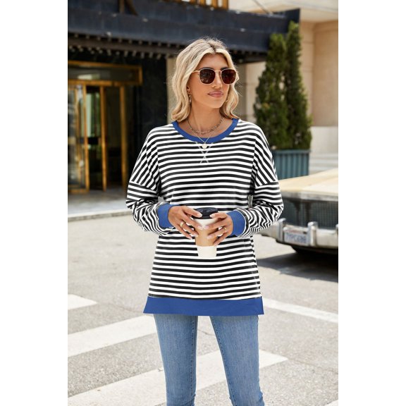 New Women's Contrast Color Round Neck Slit Long Sleeve Loose Striped Sweatshirt