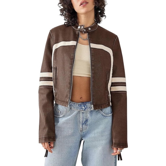 Women's Contrast-Color Stand Collar Faux Leather Cropped Moto Jacket - Brown, Long Sleeve, Zip-Up, S-XXL, Spring and Autumn