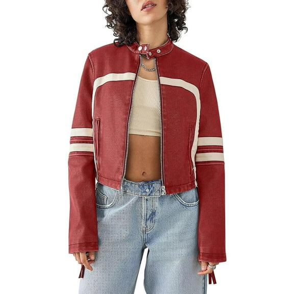 Women's Contrast-Color Stand Collar Faux Leather Cropped Moto Jacket - Red, Long Sleeve, Zip-Up, S-XXL, Spring and Autumn
