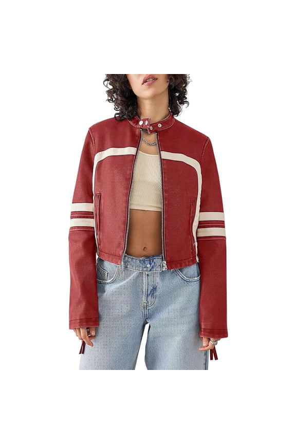 Women's Contrast-Color Stand Collar Faux Leather Cropped Moto Jacket - Red, Long Sleeve, Zip-Up, S-XXL, Spring and Autumn