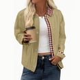 thumbnail image 1 of Women's Contrast Cuff Jacket, Plaid Collar Long Sleeve Top, Relaxed Fit Casual Outerwear, Lightweight Zip Up Coat, No Hood Everyday Wear, Barn Style Shirt Jacket Khaki XL, 1 of 5