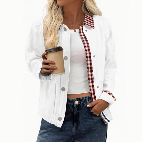 Women's Contrast Cuff Jacket, Plaid Collar Long Sleeve Top, Relaxed Fit Casual Outerwear, Lightweight Zip Up Coat, No Hood Everyday Wear, Barn Style Shirt Jacket White L