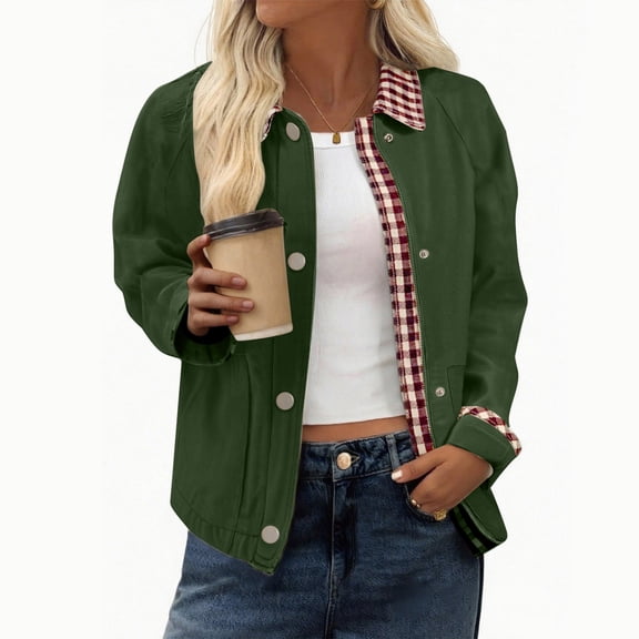 Women's Contrast Cuff Jacket, Plaid Collar Long Sleeve Top, Relaxed Fit Casual Outerwear, Lightweight Zip Up Coat, No Hood Everyday Wear, Barn Style Shirt Jacket Green S
