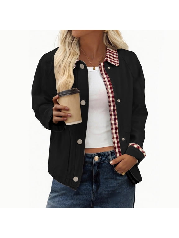Women's Contrast Cuff Jacket, Plaid Collar Long Sleeve Top, Relaxed Fit Casual Outerwear, Lightweight Zip Up Coat, No Hood Everyday Wear, Barn Style Shirt Jacket Black L