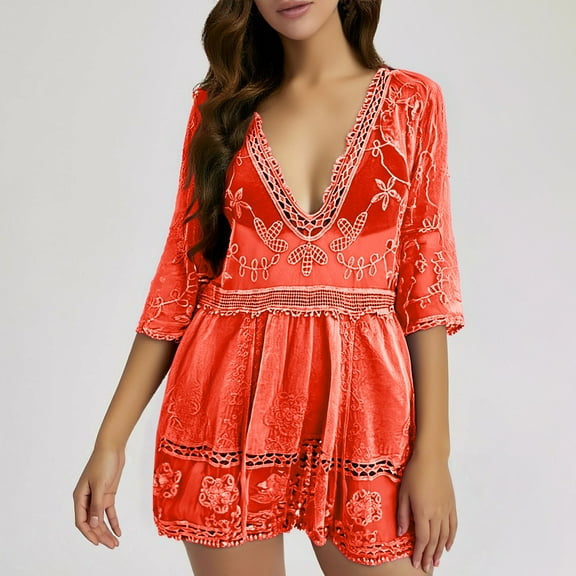 Women's Contrast Lace Bathing Suit Cover Up V Neck Swimsuit Coverups Loose Swimwear Beach Dress Beachwear Cover up Pants for Swimwear Women Rainbow Fishnet Cover up Cover Ups for Swimwear Women plus