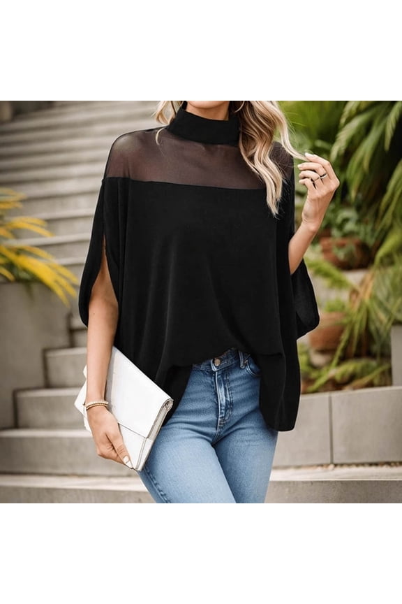 Women's Contrast Mesh Half Cape Sleeve Blouse Loose Fit Tops (Black XXXXS)