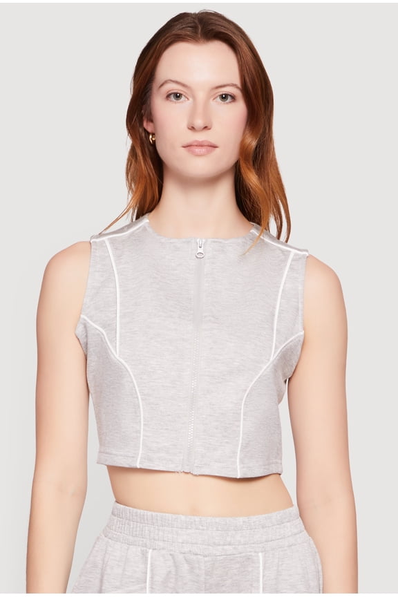 Women's Contrast Piping Zip Front Crop Top