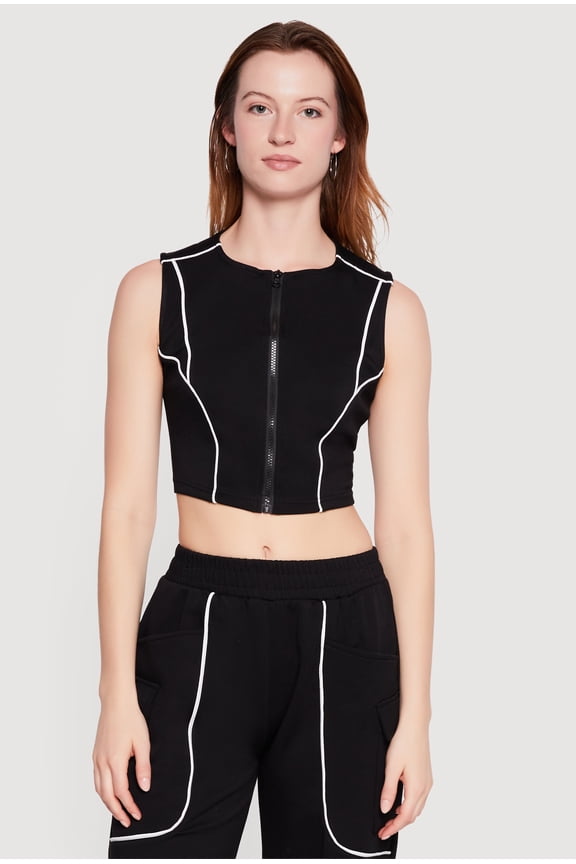 Women's Contrast Piping Zip Front Crop Top