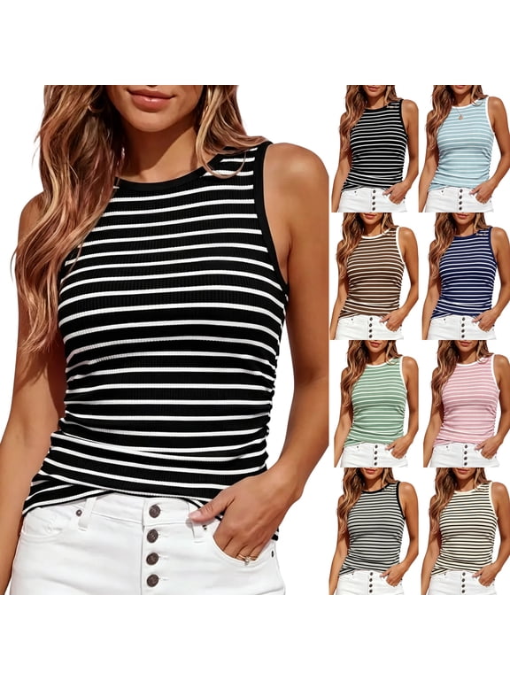 Women's Contrast Striped Slim Fitted Tank Tops Ribbed Knit Round Neck Side Ruched Sleeveless Shirts Summer Blouses Casual Daily Outfits ,M,Black