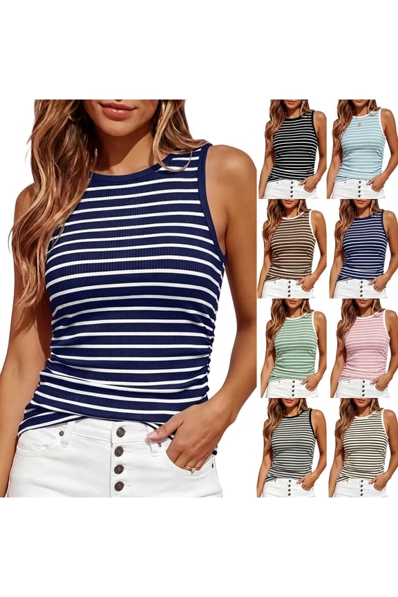 Women's Contrast Striped Slim Fitted Tank Tops Ribbed Knit Round Neck Side Ruched Sleeveless Shirts Summer Blouses Casual Daily Outfits ,M,Navy