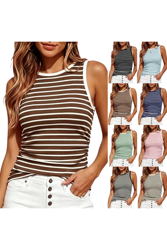 Women's Contrast Striped Slim Fitted Tank Tops Ribbed Knit Round Neck Side Ruched Sleeveless Shirts Summer Blouses Casual Daily Outfits ,S,Brown
