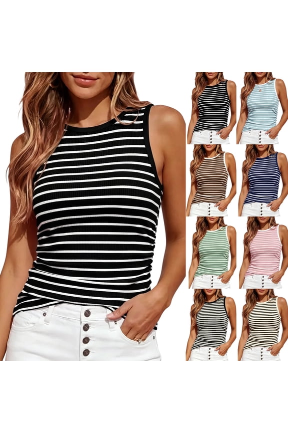 Women's Contrast Striped Slim Fitted Tank Tops Ribbed Knit Round Neck Side Ruched Sleeveless Shirts Summer Blouses Casual Daily Outfits ,XL,Black