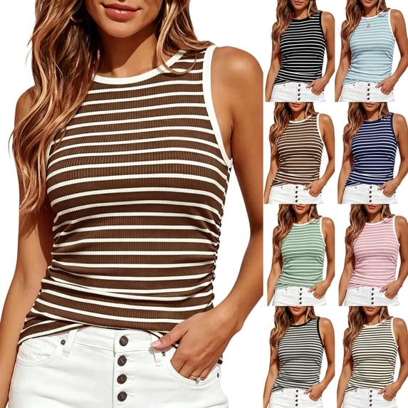 Women's Contrast Striped Slim Fitted Tank Tops Ribbed Knit Round Neck Side Ruched Sleeveless Shirts Summer Blouses Casual Daily Outfits ,XL,Brown