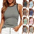 thumbnail image 1 of Women's Contrast Striped Slim Fitted Tank Tops Ribbed Knit Round Neck Side Ruched Sleeveless Shirts Summer Blouses Casual Daily Outfits ,XXL,Gray, 1 of 5