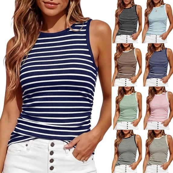 Women's Contrast Striped Slim Fitted Tank Tops Ribbed Knit Round Neck Side Ruched Sleeveless Shirts Summer Blouses Casual Daily Outfits ,XXL,Navy