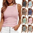 thumbnail image 1 of Women's Contrast Striped Slim Fitted Tank Tops Ribbed Knit Round Neck Side Ruched Sleeveless Shirts Summer Blouses Casual Daily Outfits ,XXL,Pink, 1 of 5