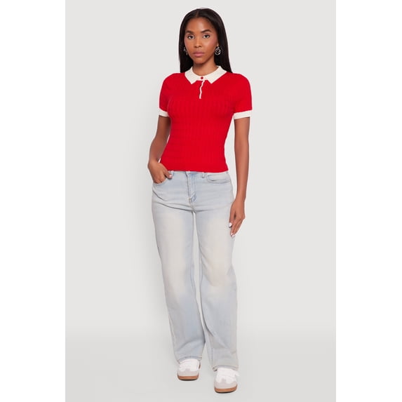 Women's Contrast Trim Cable Knit Sweater Polo