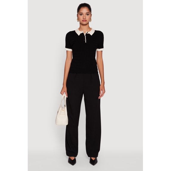 Women's Contrast Trim Cable Knit Sweater Polo