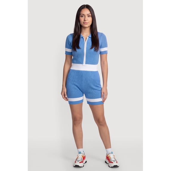 Women's Contrast Trim Collared Zip Front Romper