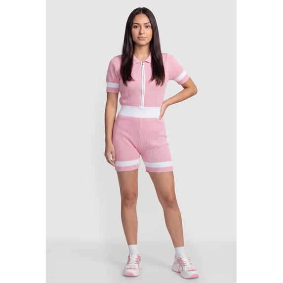Women's Contrast Trim Collared Zip Front Romper