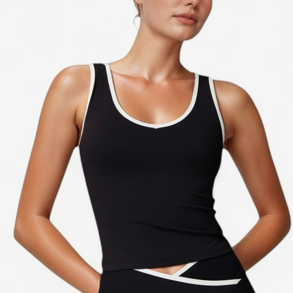Women's Contrast Trim Cropped Tank Top with Scoop Neck and Stretch Fit for Yoga and Everyday Wear - Medium, Black